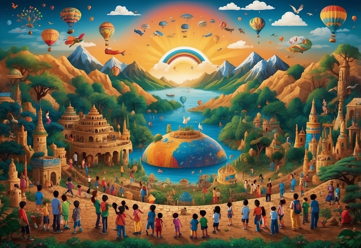 A colorful tapestry of diverse symbols and objects, representing different cultures and backgrounds, surrounded by children engaging in activities to combat stereotypes