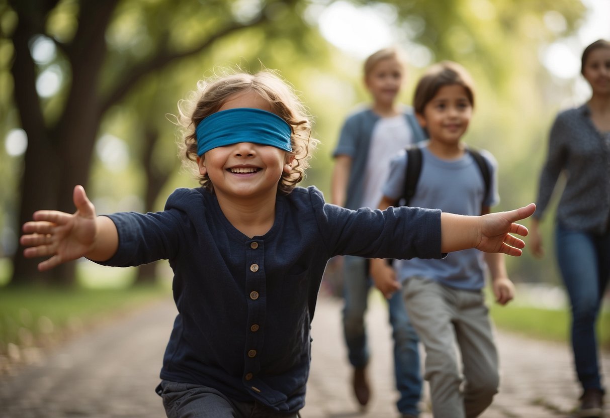 A blindfolded child walks confidently with outstretched arms, guided by a peer, in a diverse group setting