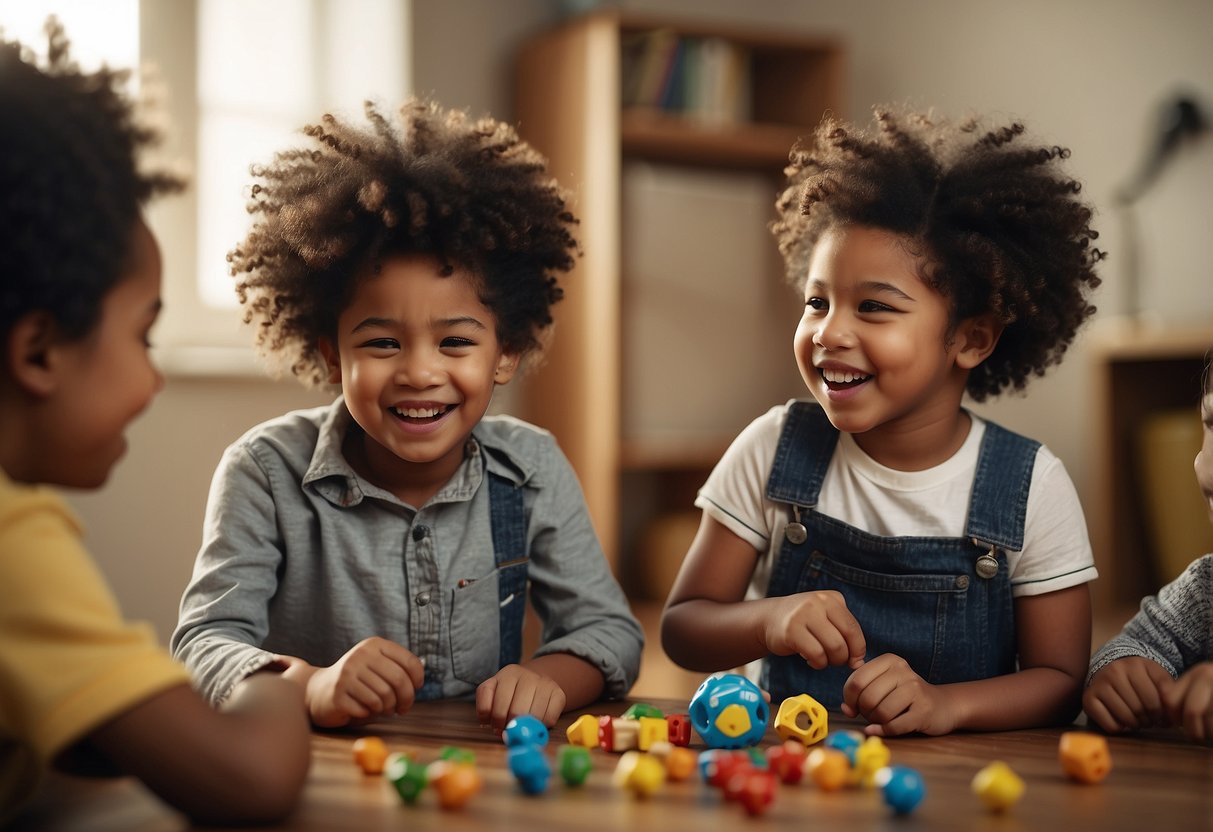 A diverse group of children playing together, sharing toys and laughing. Different ethnicities and genders represented. A poster in the background with the words "Combat Stereotypes."