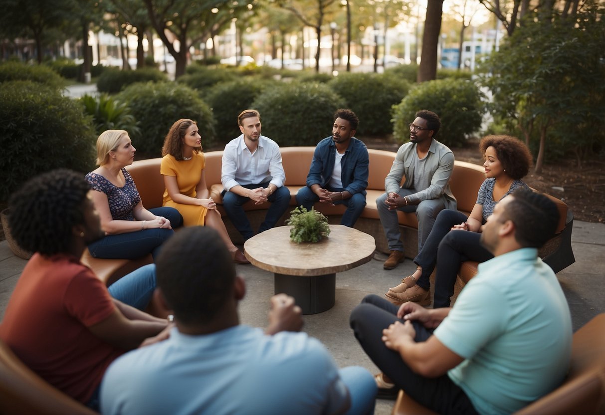 A diverse group of individuals engage in meaningful conversations about the impact of bias and discrimination. They are seated in a circle, exchanging thoughts and ideas with open body language