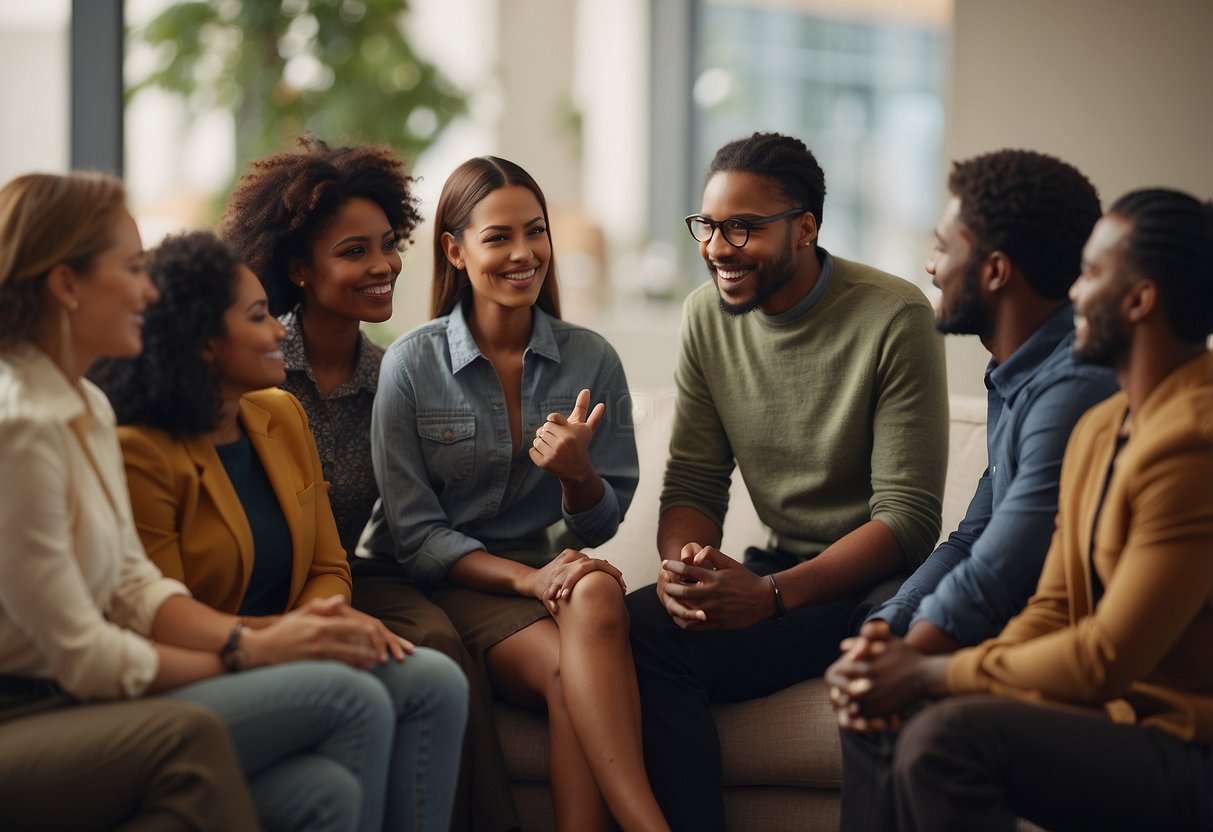 A diverse group of people engaging in conversations, with visual cues of understanding and empathy, surrounded by imagery representing bias and discrimination