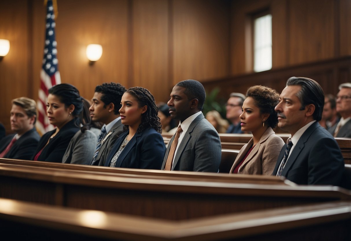 A courtroom with diverse individuals, showing bias in action. A scale of justice tilted, while some are favored and others are disadvantaged