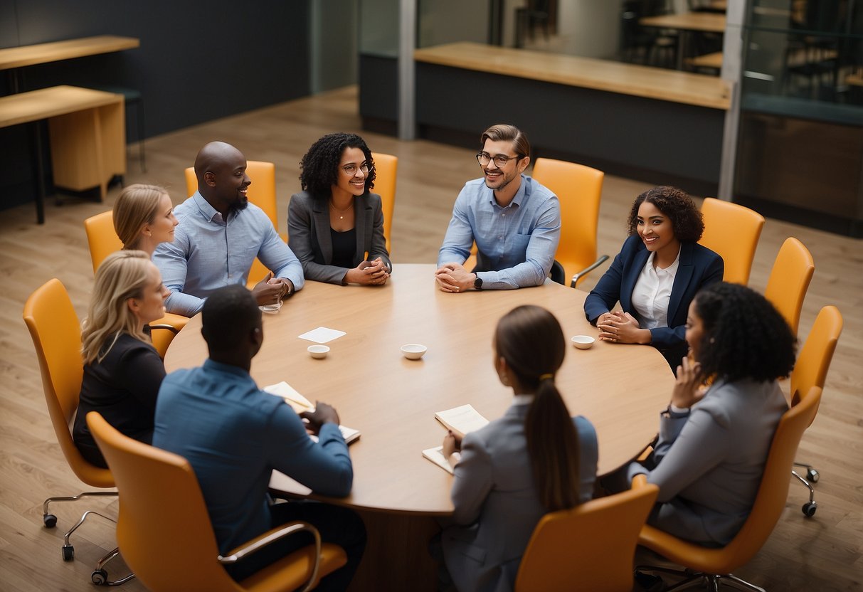 A group of diverse individuals engage in conversations about bias and discrimination, referencing legal frameworks. Tables and chairs are arranged in a circle, with open body language and engaged expressions