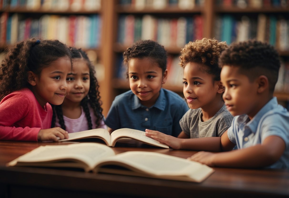 Children pointing at diverse characters in books, noticing gender roles in media, and questioning unfair treatment based on race