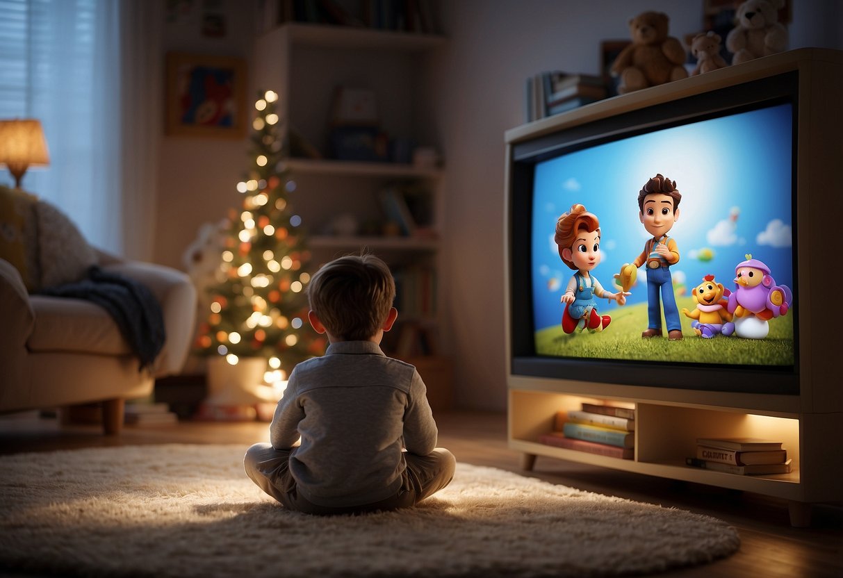 Scene: A child watching TV, surrounded by toys and books. Male and female characters in traditional roles are depicted on the screen