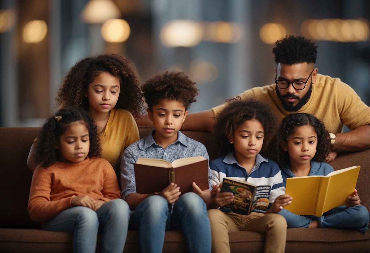 A diverse group of children reading books, noticing racial stereotypes in illustrations. One child points to a stereotypical portrayal, while others look concerned