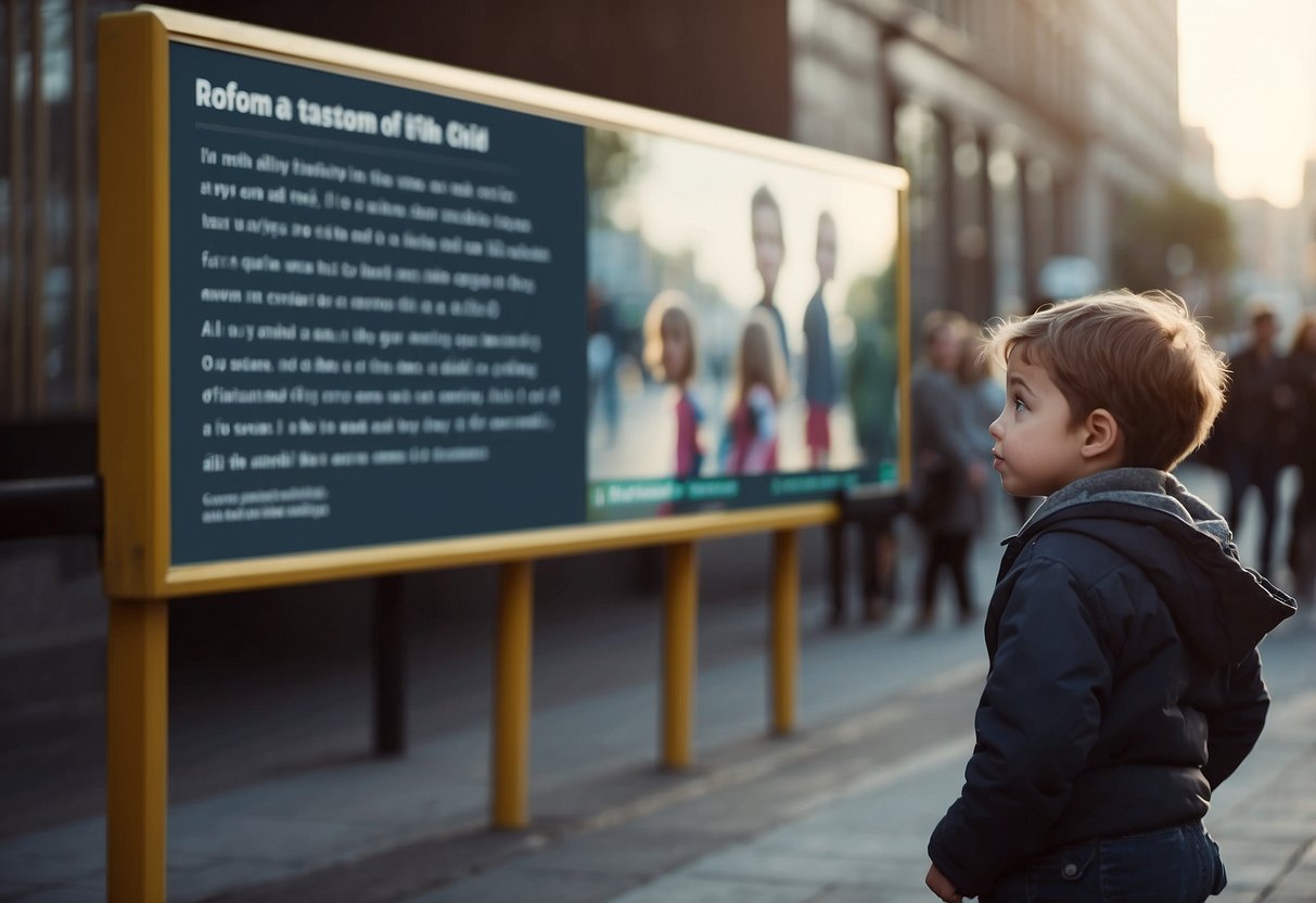 A child points to a billboard with age stereotypes while others watch. Signs of recognizing stereotypes surround them