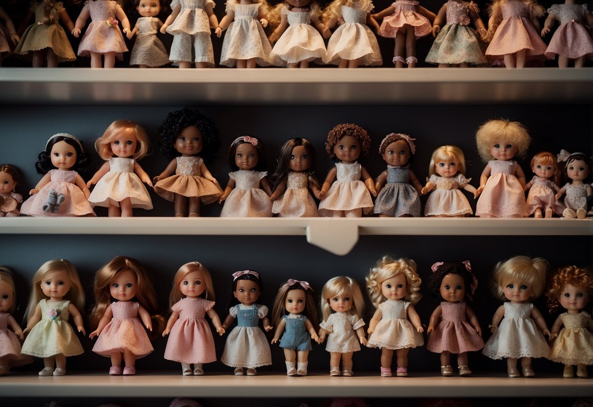 A diverse array of dolls displayed, varying in skin tones and features. A child pointing at different dolls, showing signs of recognizing stereotypes