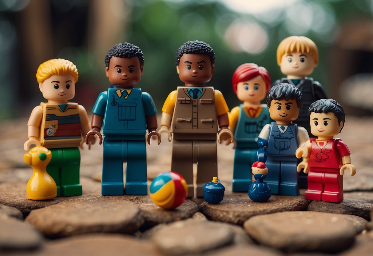 A diverse group of toys playing together, breaking traditional family roles. A child points out stereotypical representations in media