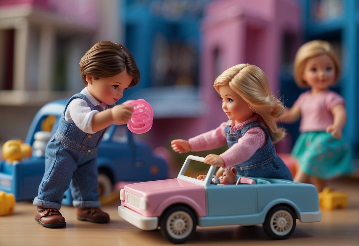 Children playing with toys labeled with traditional gender roles. A girl fixing a toy car, a boy playing with a doll. Blue and pink colors dominating the scene