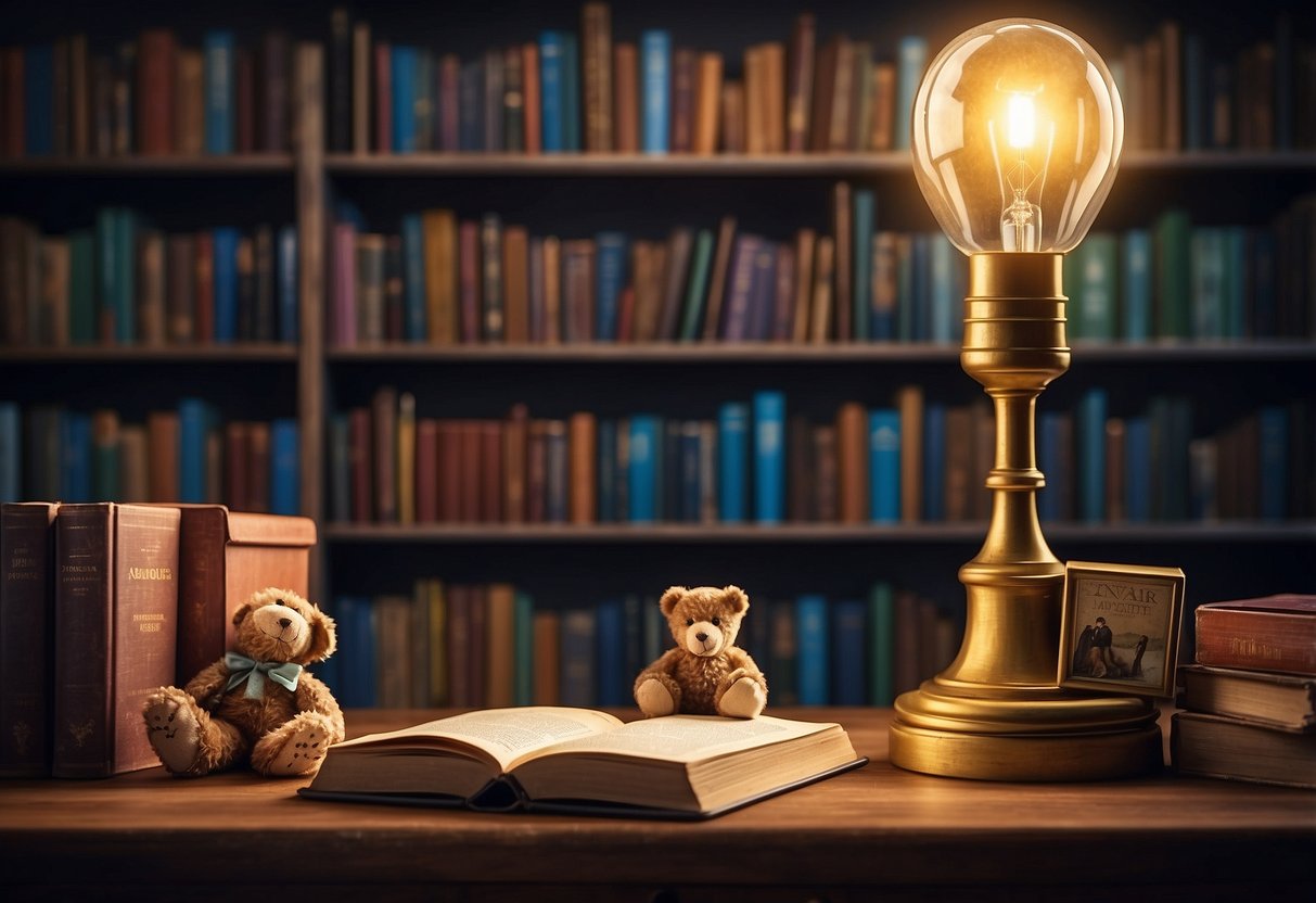 A child's bookshelf with diverse books, a magnifying glass examining illustrations, a thoughtful expression, and a light bulb symbolizing recognition of stereotypes