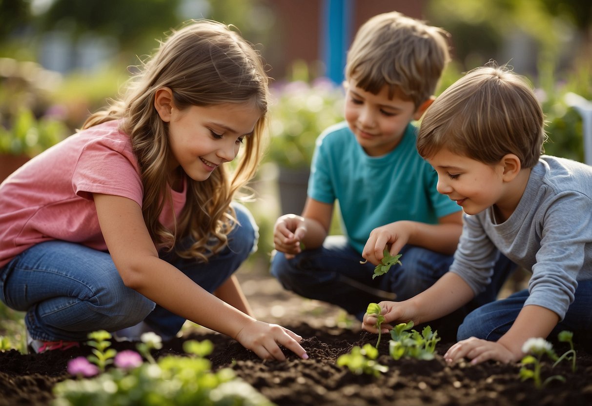 Children planting seeds in a garden, sharing toys, reading to younger kids, and drawing pictures for seniors. A group of kids working together to build a community garden