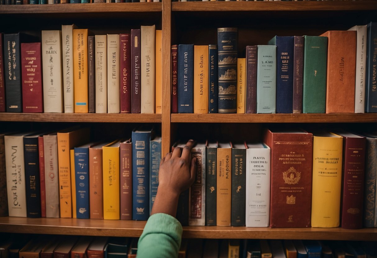 A diverse collection of books sits on a shelf, showcasing different cultures and perspectives. A child's hand reaches out to pick up a book, showing curiosity and interest in understanding others