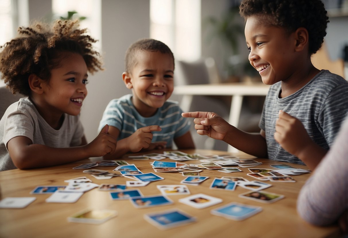 A group of diverse emotion cards scattered on a table, with children gathered around, pointing and discussing the different expressions