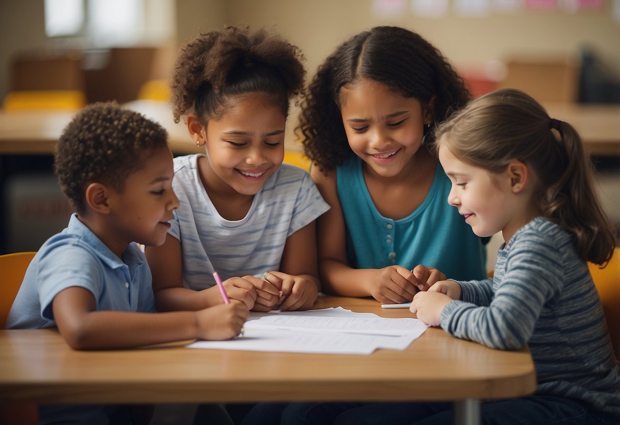 Children sharing toys, comforting a sad friend, helping a classmate with schoolwork, writing thank-you notes, and donating to a charity