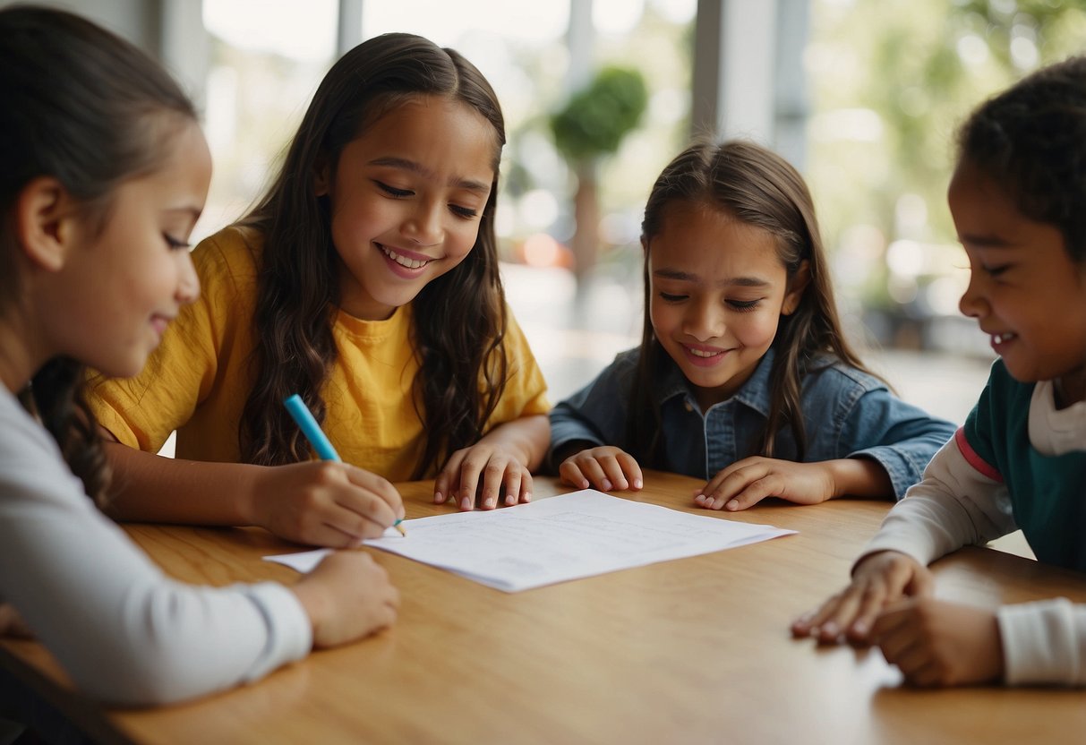 Children exchanging letters, drawing pictures, and sharing stories. A diverse group of kids learning about different cultures and experiences through pen pal programs