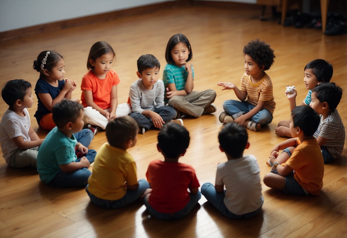 Children sit in a circle, sharing toys and listening to each other's stories. They draw pictures of their feelings and take turns guessing each other's emotions