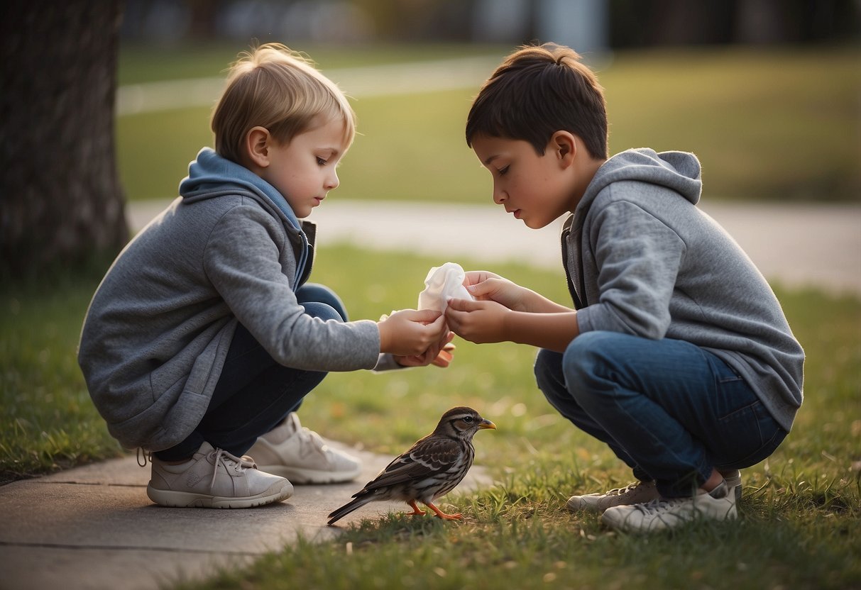 A child placing a bandage on a wounded bird, sharing their snack with a friend, and comforting a classmate who is upset