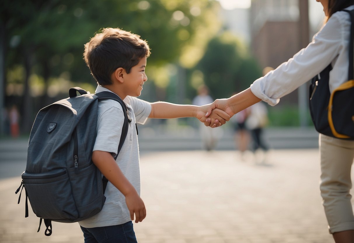 A child extends a hand to a classmate struggling with their backpack, offering help without being asked