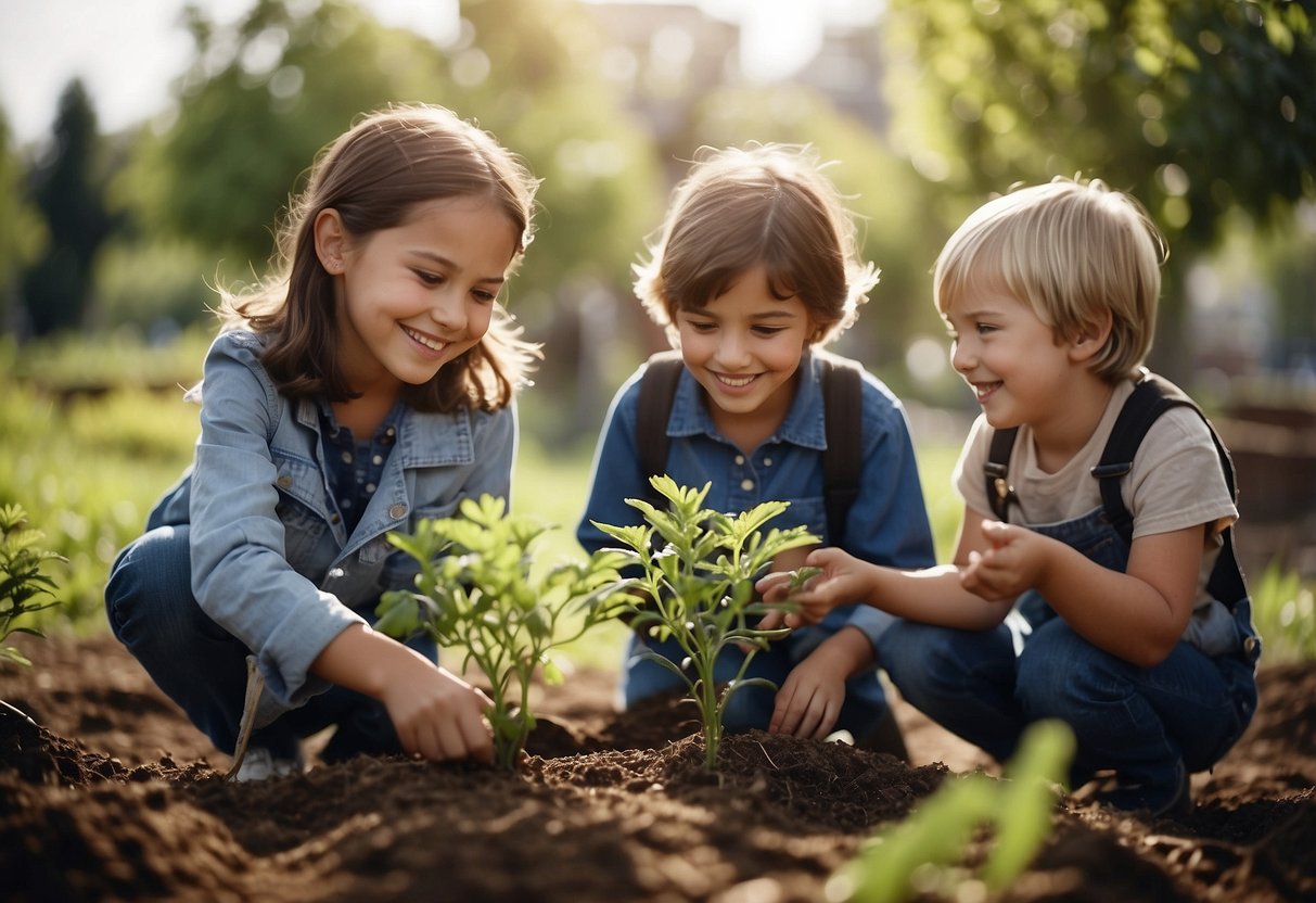 Children planting trees, feeding animals, and helping elders. Smiling faces, kind gestures, and teamwork. A sense of empathy and care for others