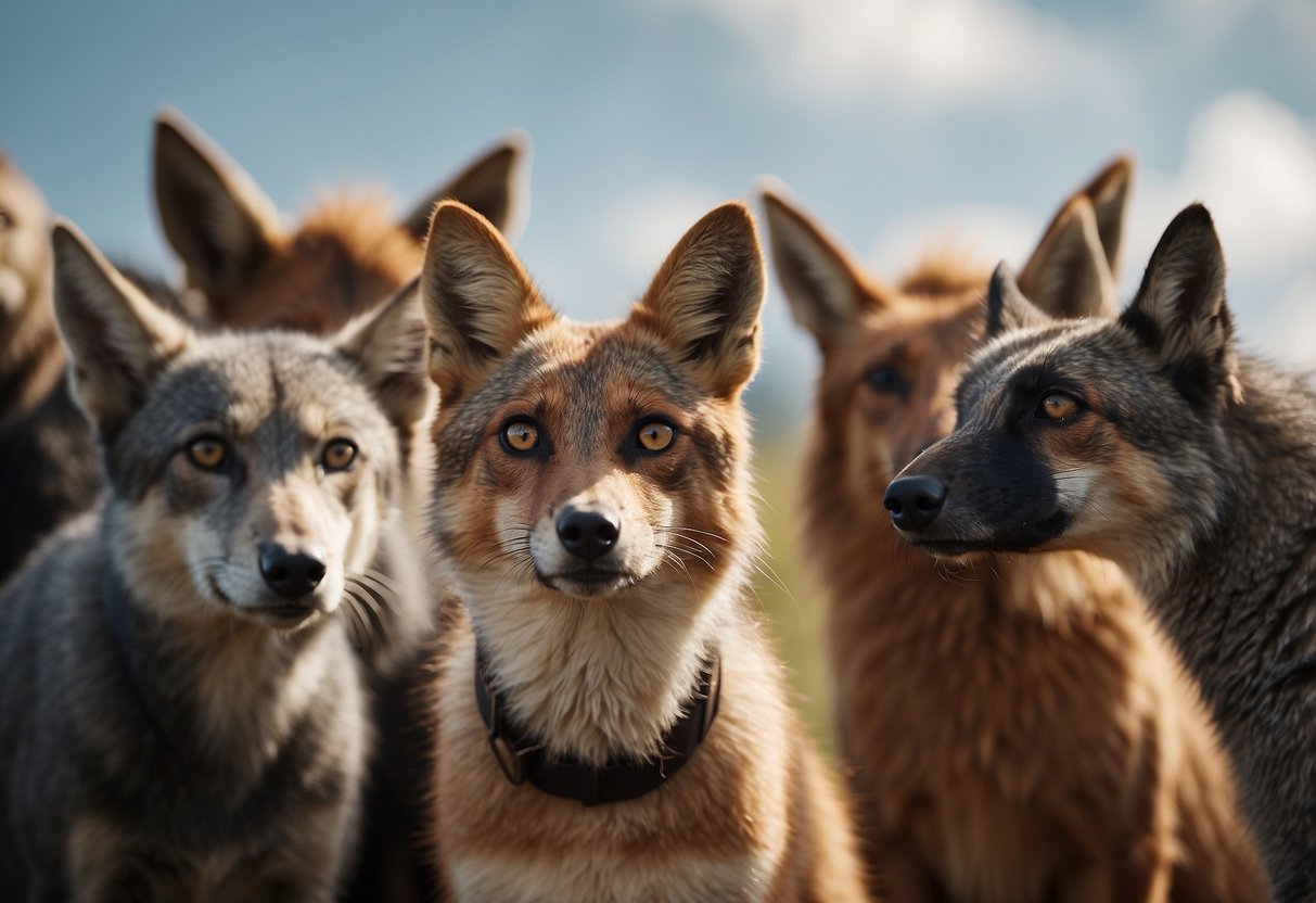 A group of animals gather in a circle, facing each other with attentive expressions. Their ears are perked up, and their eyes are focused on the speaker in the center