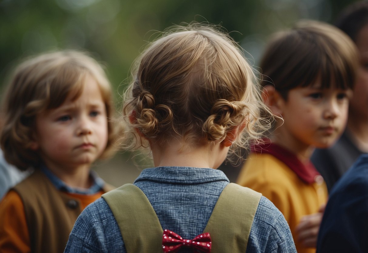 A child bows head, hands clasped in apology. Others watch, some with understanding smiles. Compassion grows