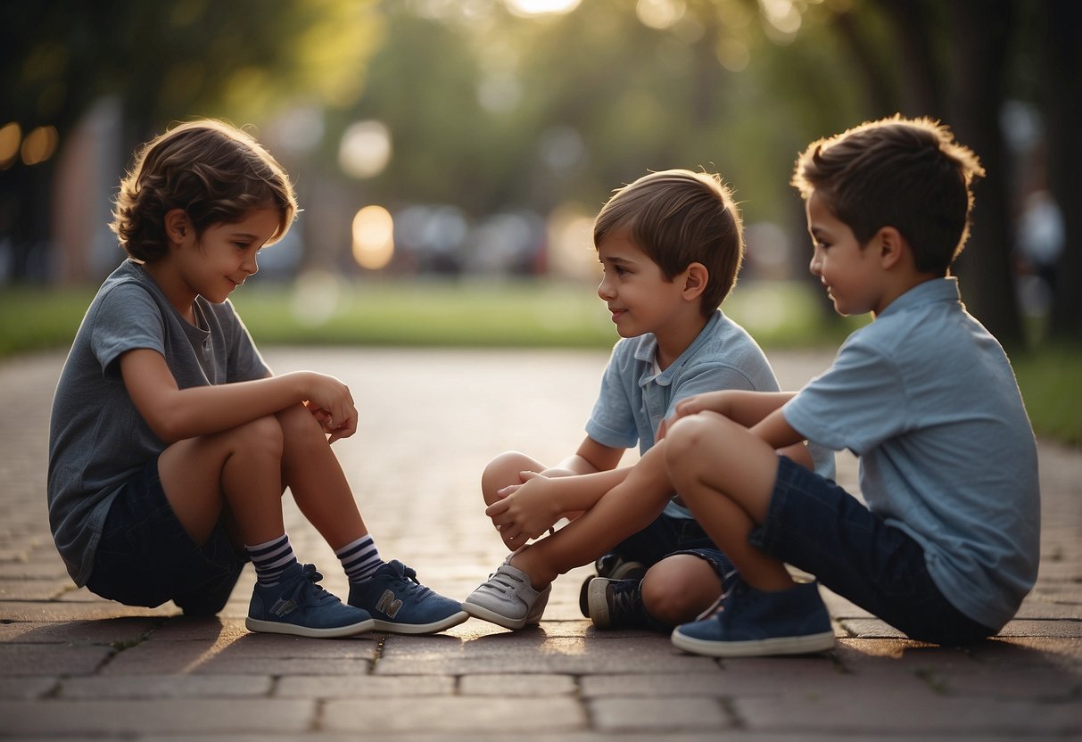 A child sharing toys with a friend, comforting a crying classmate, and helping a younger sibling tie their shoes