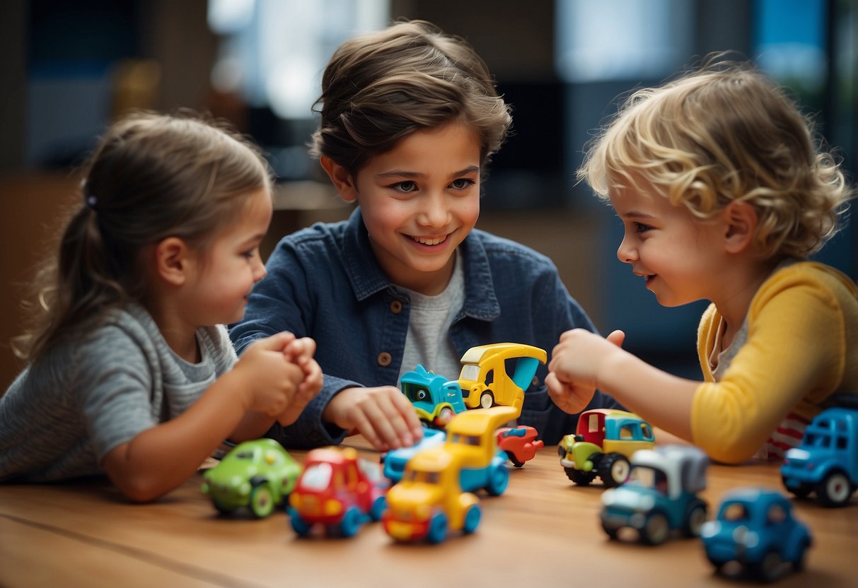 Children sharing toys, listening to others, helping someone in need, imagining themselves in others' situations, and discussing feelings