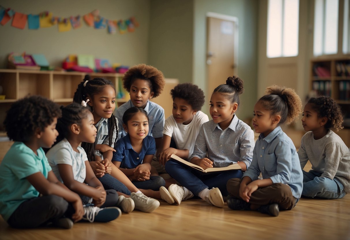 A group of children sit in a circle, listening intently as a teacher reads a book aloud. Various pairs of shoes are scattered around the room, representing different characters in the story