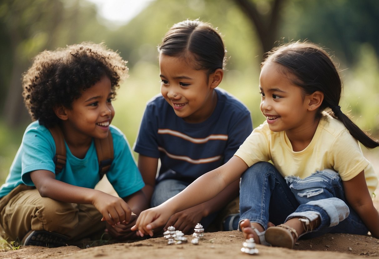 A diverse group of children engage in activities together, showing empathy and understanding for each other's perspectives and experiences