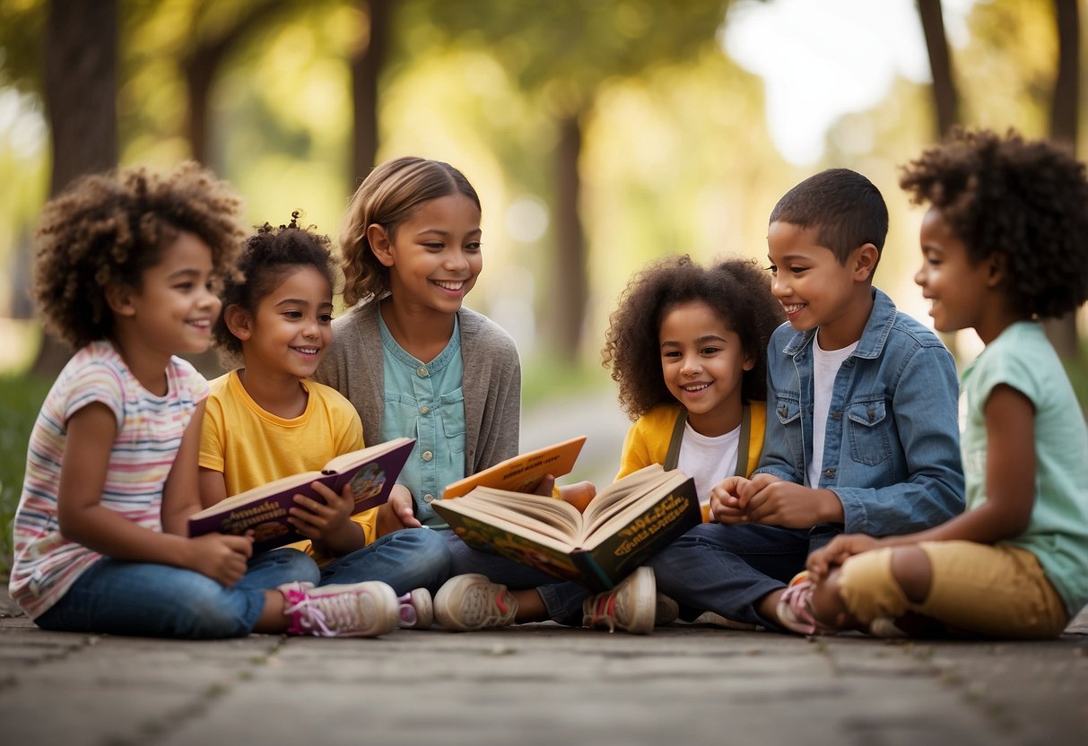 A diverse group of children sitting in a circle, sharing and discussing different books that promote empathy. Each child holds a book with a colorful cover, showing characters from various backgrounds