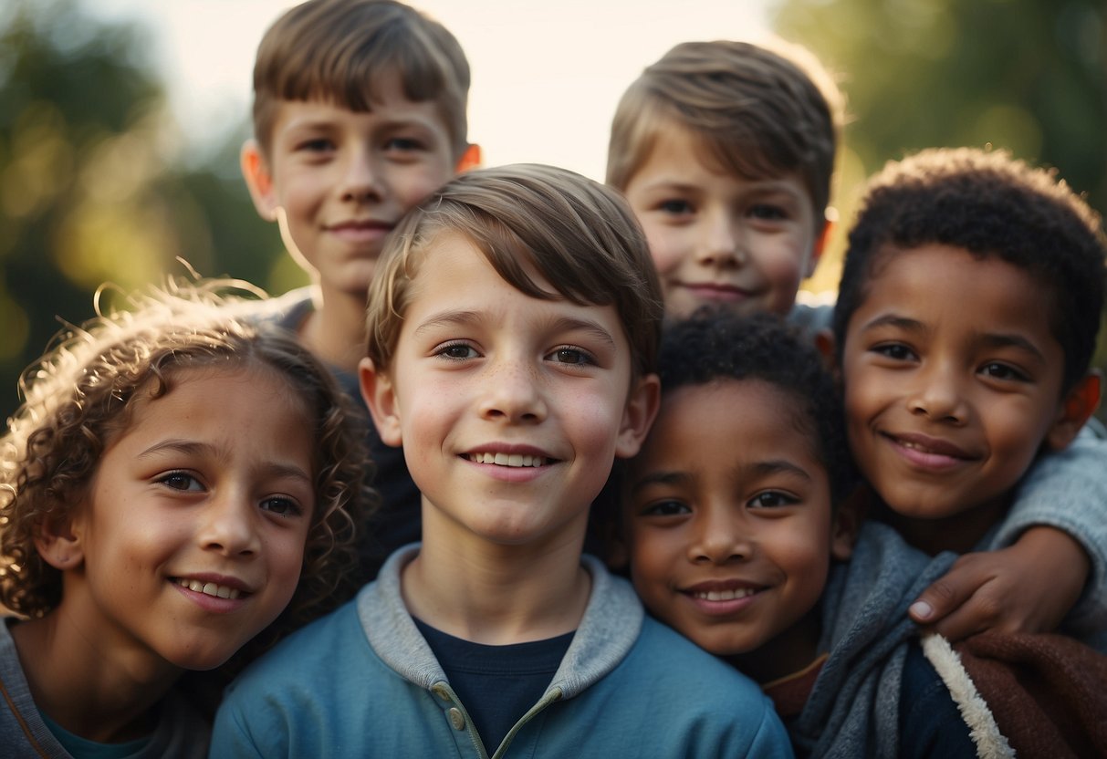 A group of diverse children gather around a boy with a deformed face, showing empathy and kindness in their interactions