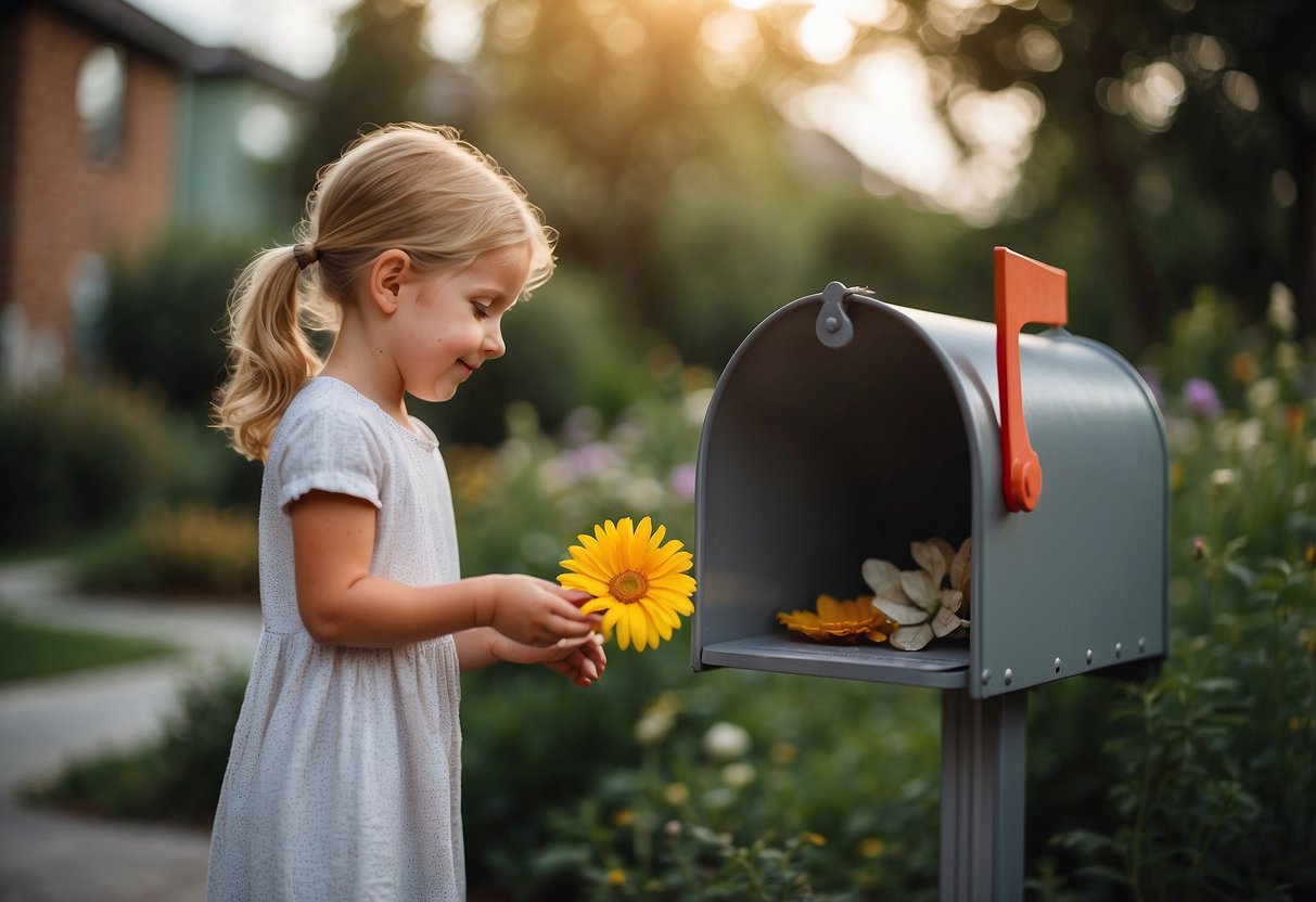 A child placing a flower in a neighbor's mailbox, a hand-drawn card for a friend, and sharing toys with a sibling