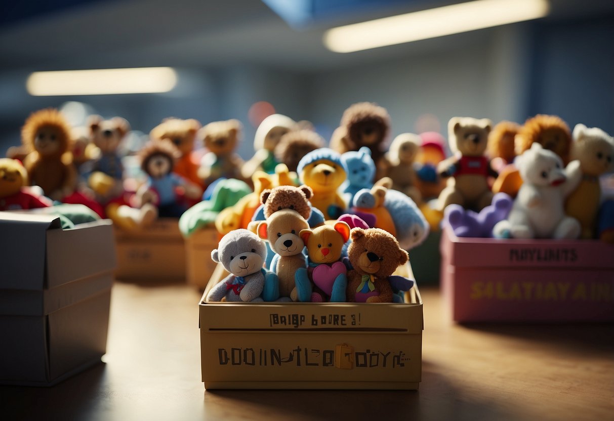 Toys being placed in a donation box at a shelter