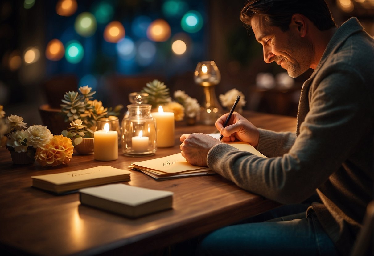 Two individuals sit at a table, writing thank you notes. A stack of colorful cards and envelopes are spread out in front of them. A warm, cozy atmosphere is depicted with soft lighting and a sense of togetherness