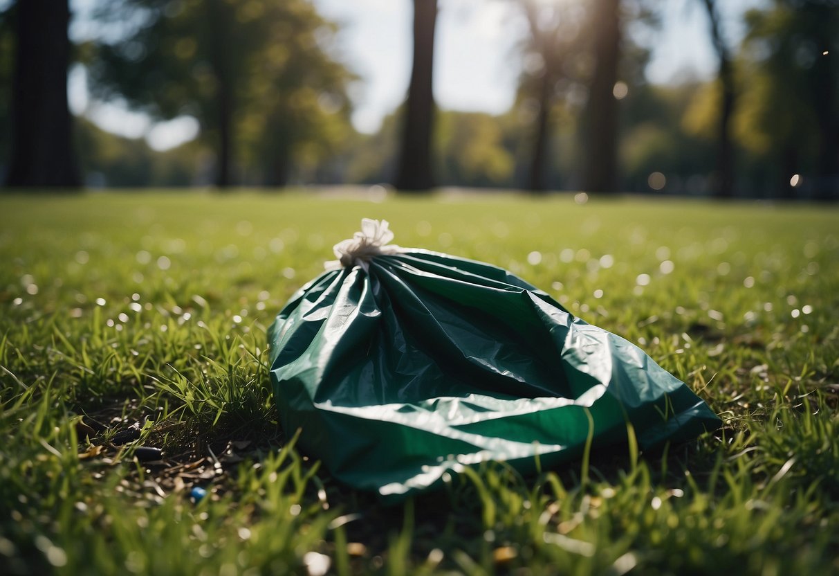 A park with green grass and trees, scattered litter being picked up and placed in a trash bag