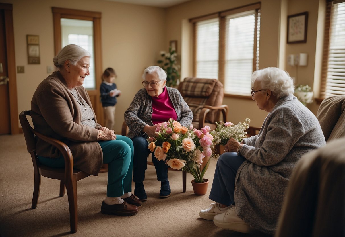 Residents in a nursing home sit in a common area, engaged in activities. A child offers a bouquet of flowers to an elderly person, while another child reads a book to a group of residents