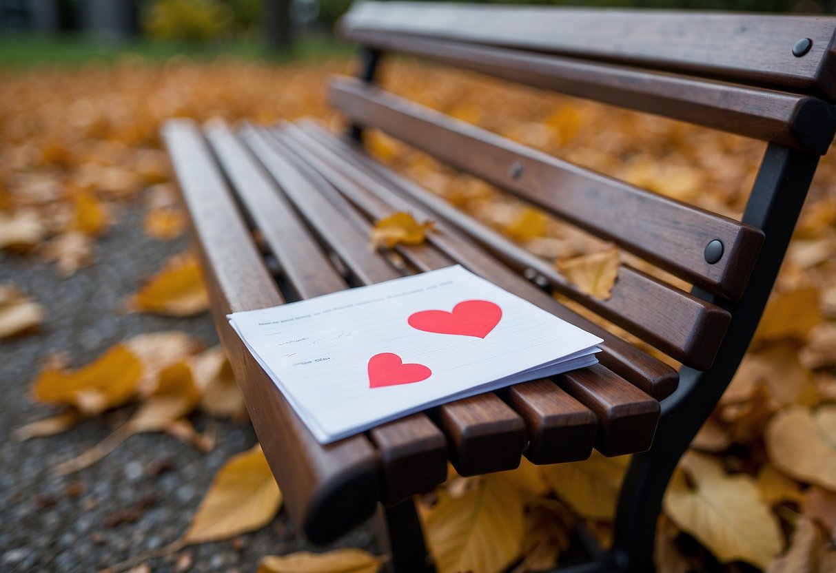 A note with a heart drawn on it sits on a park bench, surrounded by fallen leaves and a gentle breeze