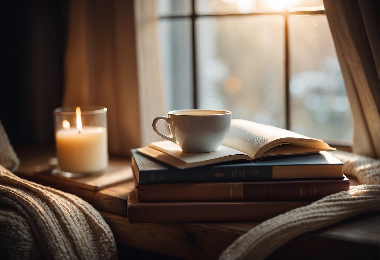 A cozy reading nook with a stack of books about kindness, a soft blanket, and a warm cup of tea, surrounded by gentle, calming colors and soft lighting