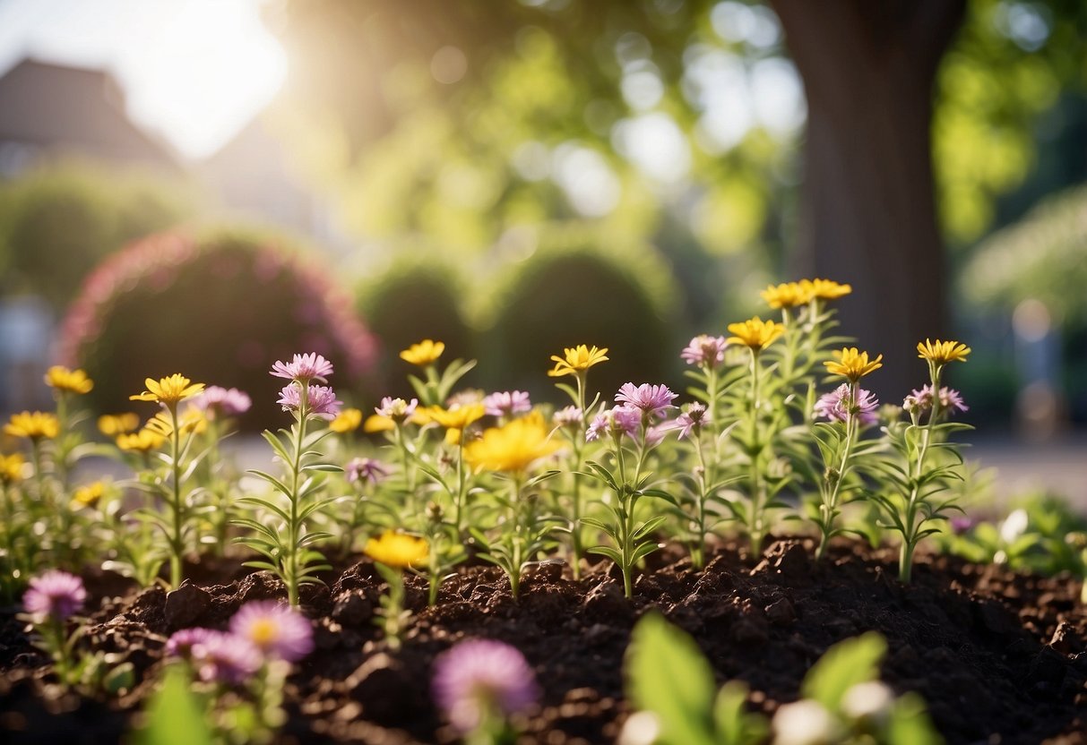 A tree being planted in a garden, surrounded by colorful flowers and buzzing bees