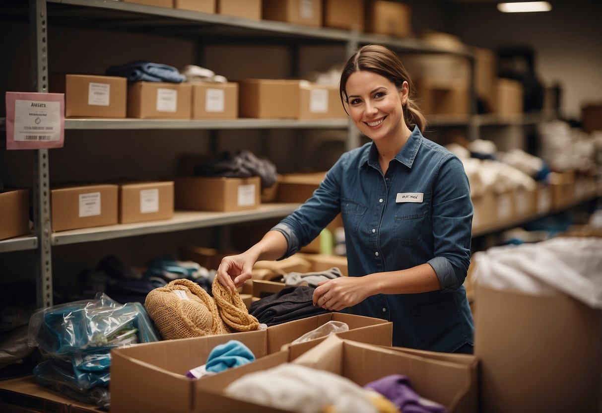 A volunteer sorting donations at a local charity, surrounded by boxes of clothes and shelves of food. A warm, inviting atmosphere with signs promoting acts of kindness