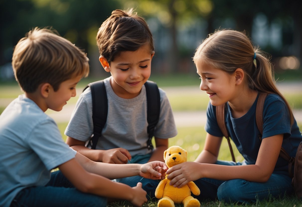 Children sharing toys, comforting a friend, helping a classmate, and showing empathy towards others