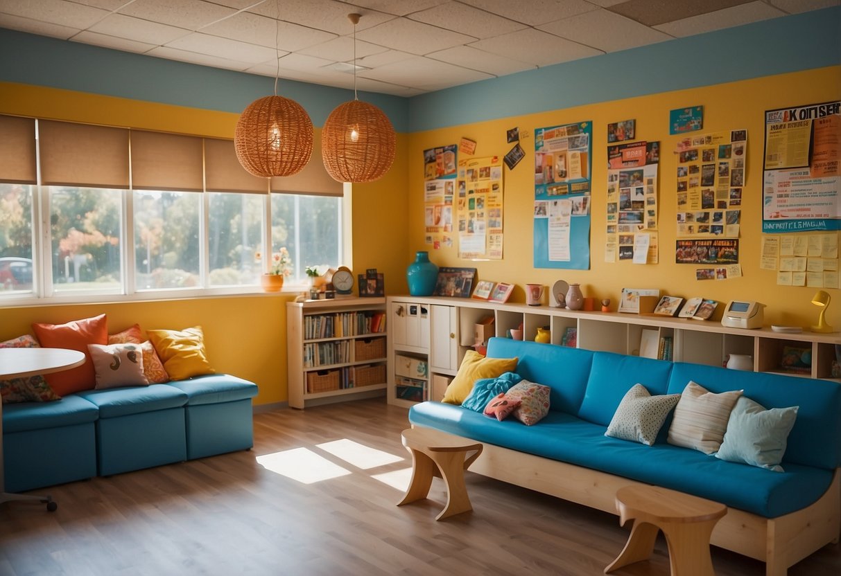 A colorful, inviting classroom with posters of kind acts. A cozy reading nook with soft pillows. Bright, open spaces for group activities