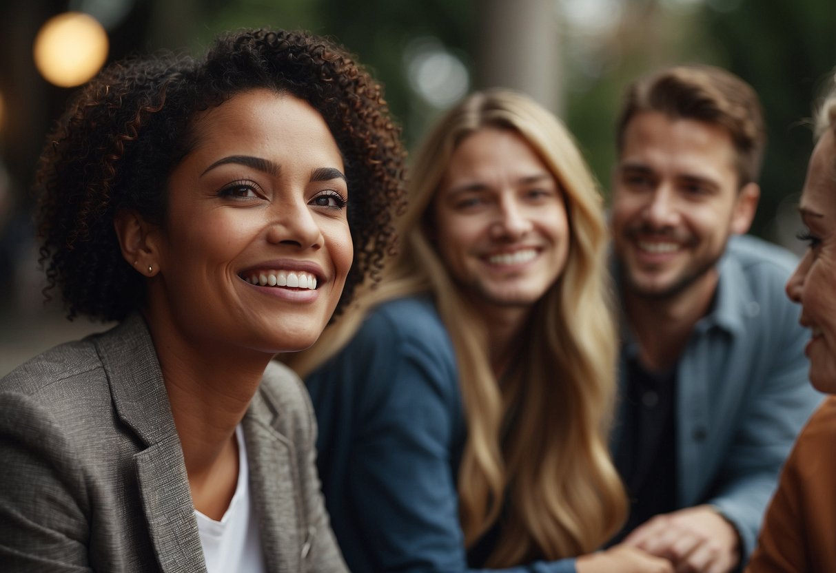 A group of diverse individuals engage in empathetic conversations, maintaining eye contact and showing genuine concern for each other's emotions