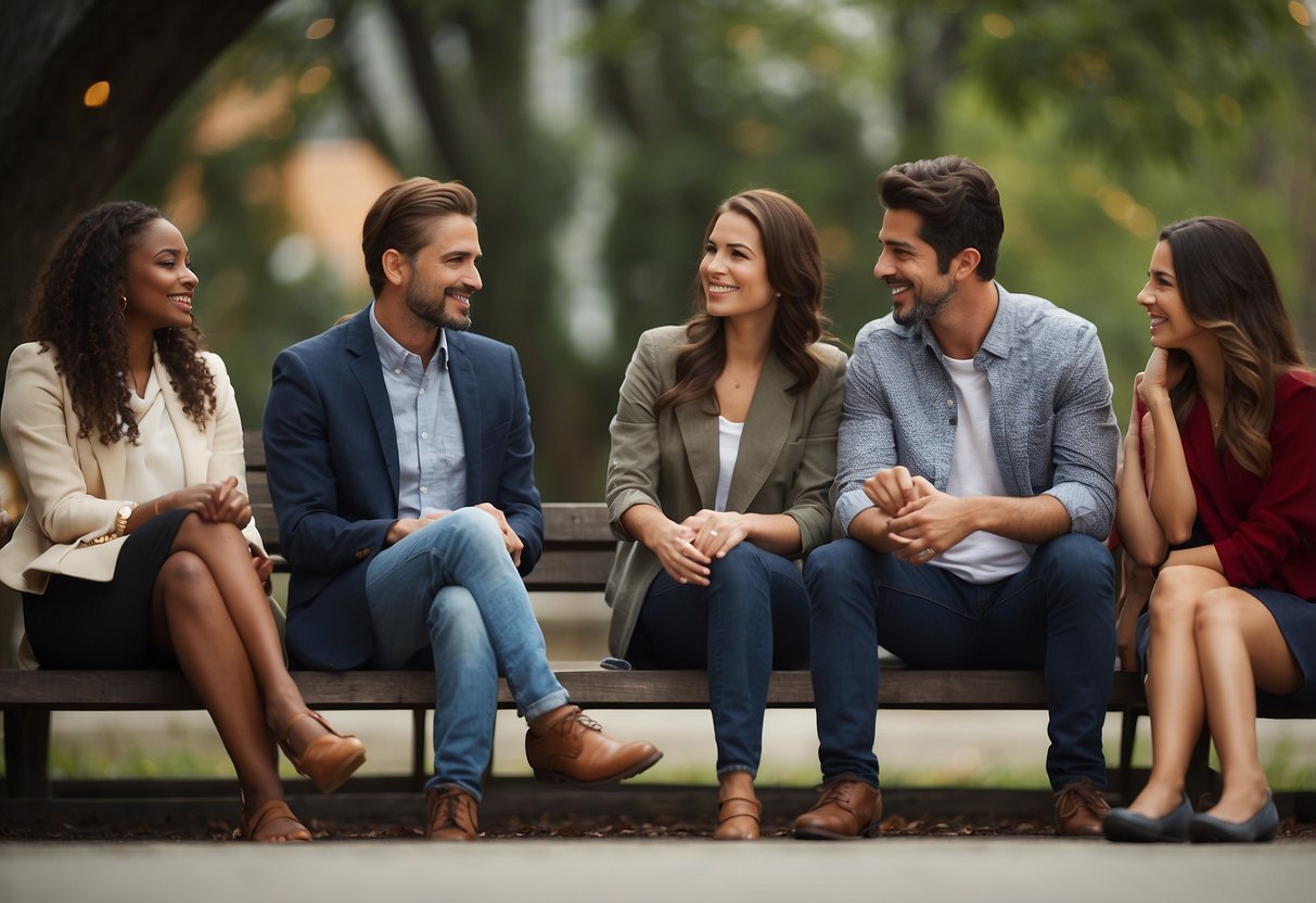 A diverse group of people engage in open dialogue, listening and sharing ideas. Symbols of unity and empathy surround them