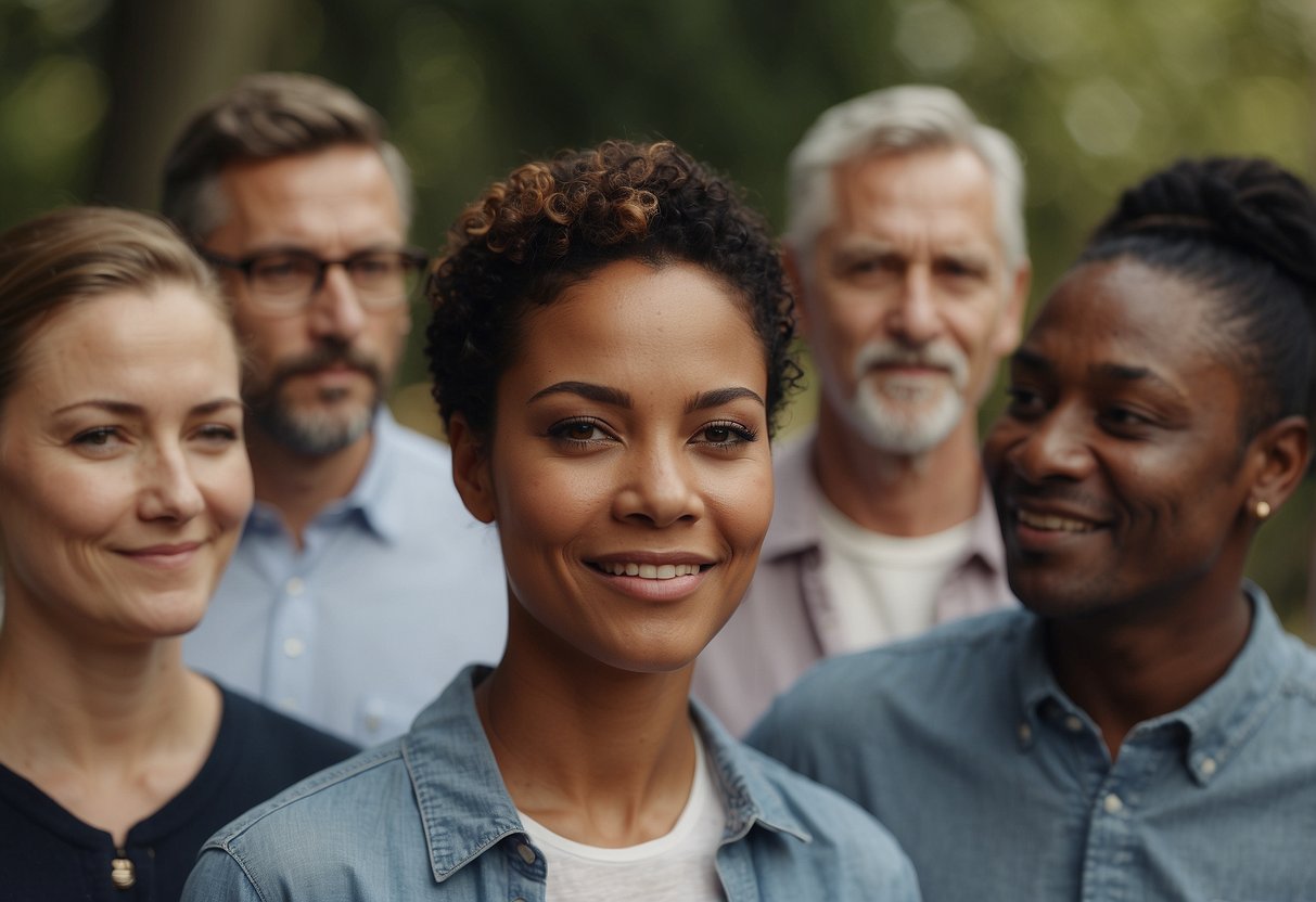 A group of diverse individuals stand in a circle, offering support and listening attentively without judgment. They show empathy and compassion through their body language and facial expressions