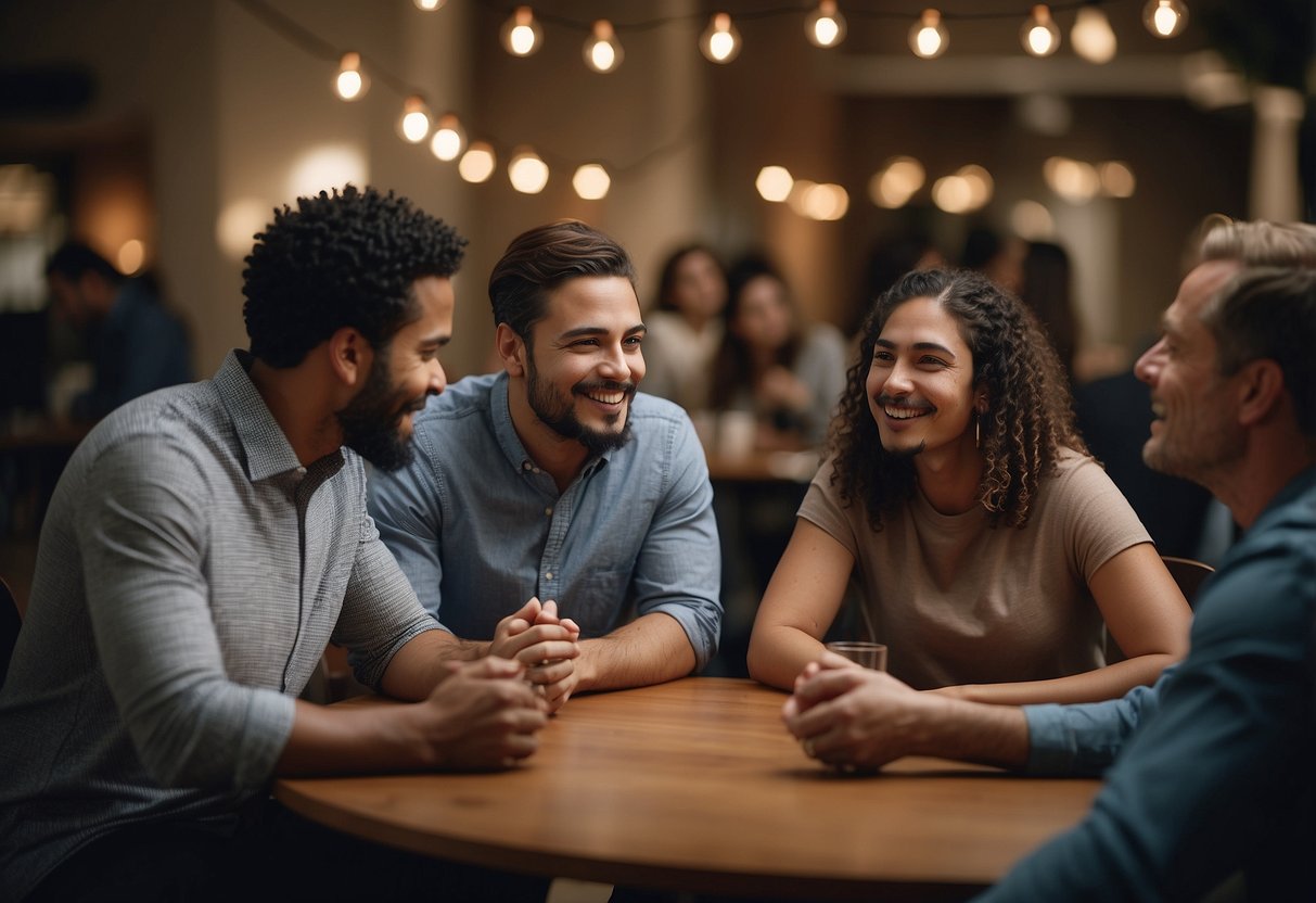 A group of diverse individuals engage in empathetic conversations, displaying active listening and understanding. They use nonverbal cues to show compassion and support