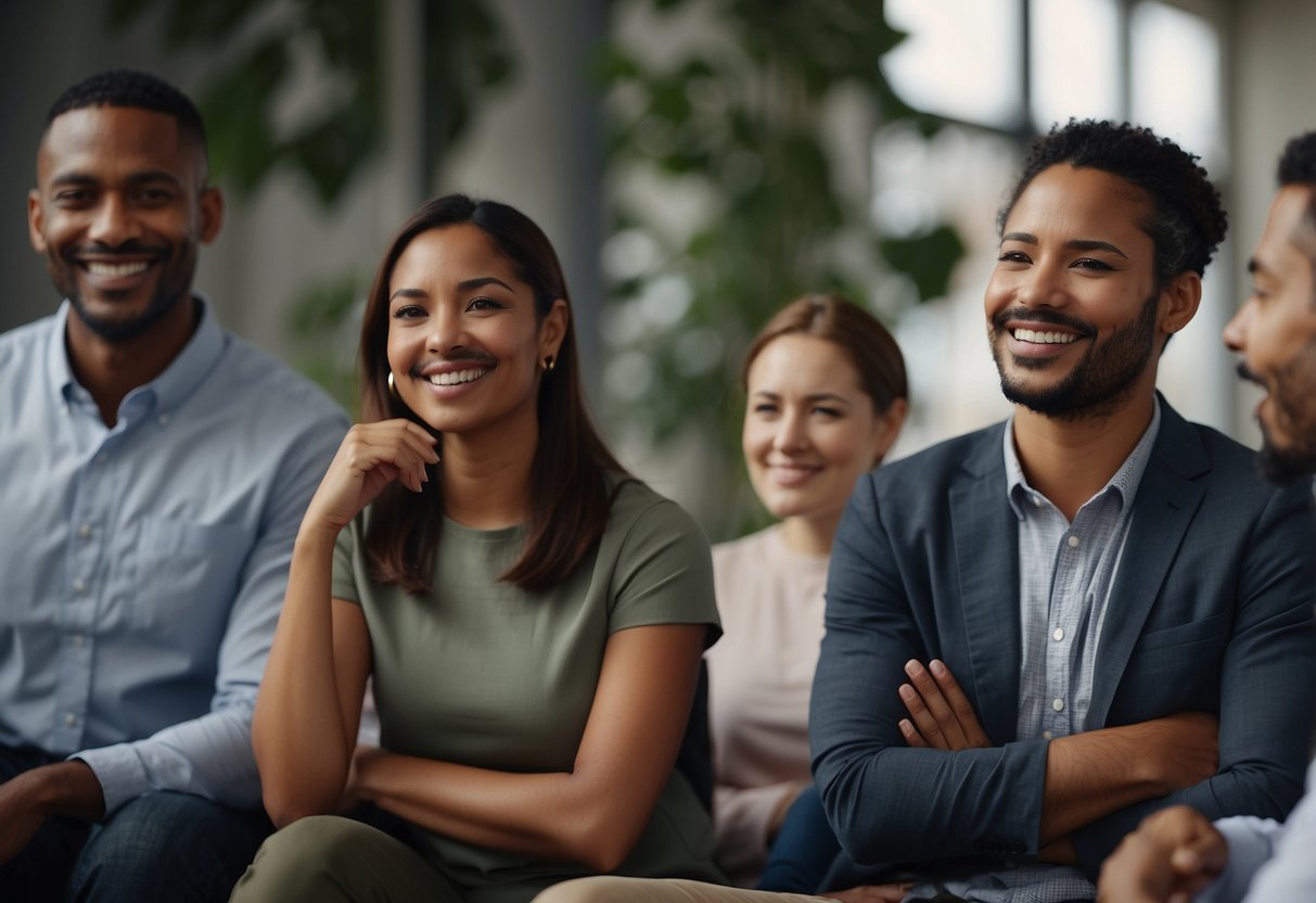 A group of diverse individuals engage in active listening, nodding in agreement, and offering support. They use open body language and maintain eye contact, displaying empathy and compassion