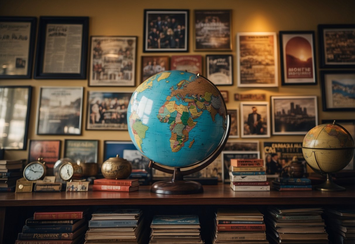 A diverse group of film posters line the walls, each representing a different country and culture. A globe sits on a table, surrounded by books and maps