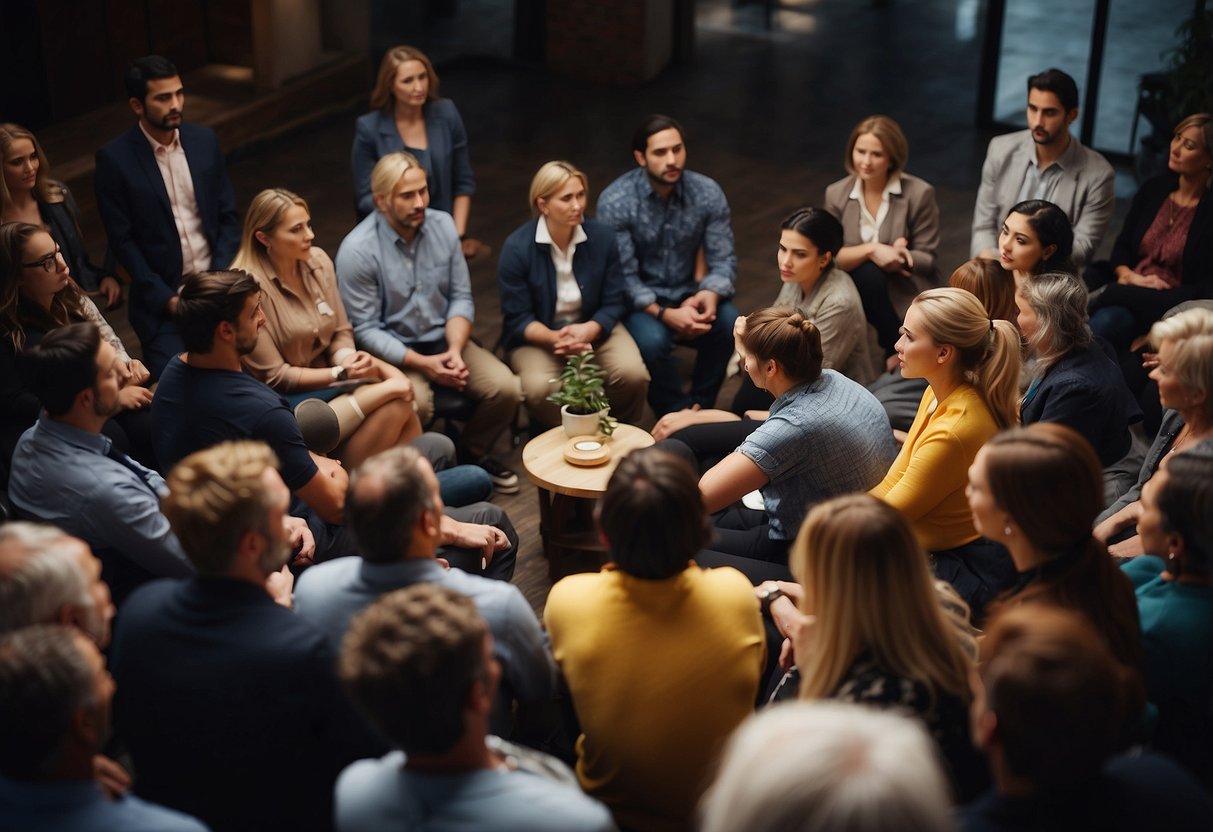 People gathered in a circle, sharing personal stories. One person listens attentively while another nods in understanding. A warm and empathetic atmosphere fills the room